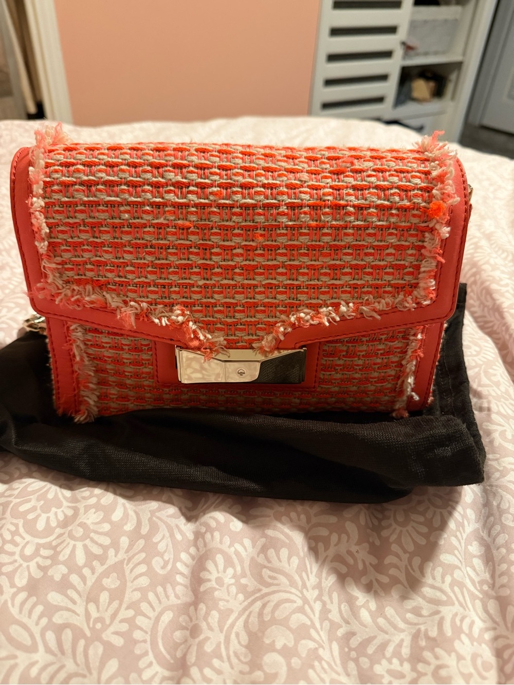 Kate Spade Stylish Coral Tweed Crossbody Bag -